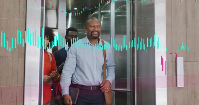 Doors opening, lead stepping out with folio, teal wave over group rising, heading business meeting