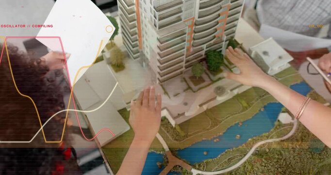 Woman holding plans, man pointing around model, design UI overlays tracking hands confirming entry