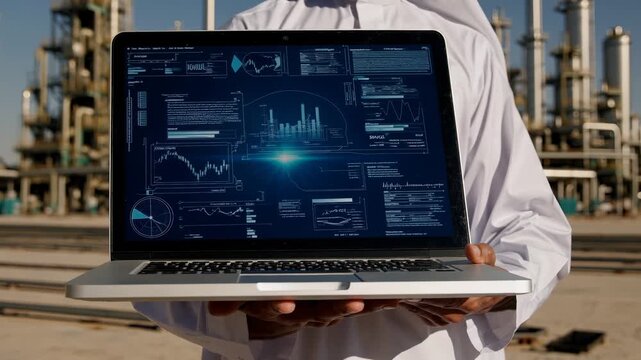 Man holds laptop showing data. Engineer reviews analytics dashboard for industrial refinery oil operation. Technology monitors performance and safety. Hands support screen and equipment. Visual trend.