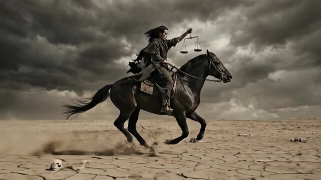 Man representing famine of apocalypse riding black horse with scale through desert. Biblical end of world theme with rider carrying balance beam in wasteland.
