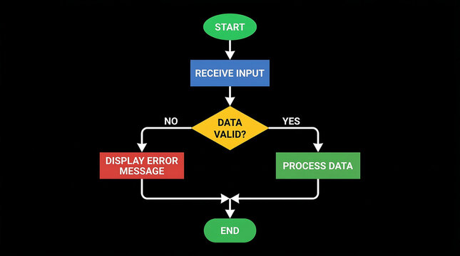 Detailed flowchart diagram illustrating data processing steps with start receive input data validity check process data display error message and end on a black background