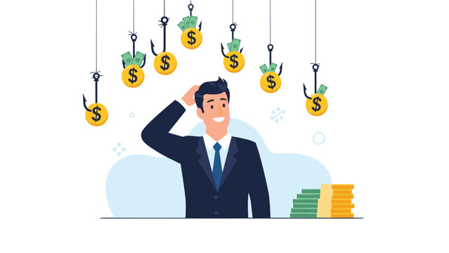 Confused businessman looks up at multiple fishing hooks baited with money as he considers various financial opportunities.