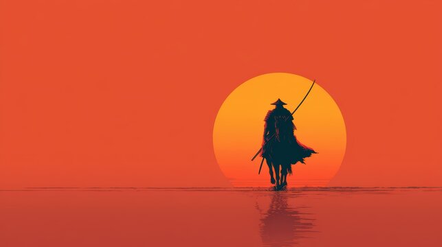 Silhouette of a Warrior Against an Orange Sunset Horizon