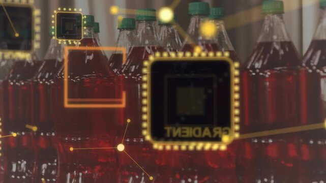 On start row of beverage bottles rising into focus, glowing squares highlighting caps for review