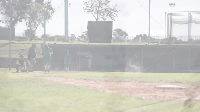 Sports batter stepping into swing on pitch, hitting ball and showing animated trail to first base
