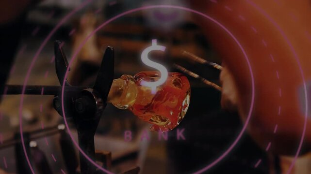 HUD BANK overlay appearing, being occluded by artisan hand rotating rod and shaping hot glass