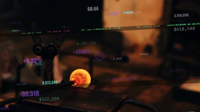 Rod-triggered molten glass gather rotating and rolling on bench for shaping, while HUD floats