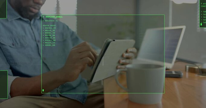 Vertical video: Man tapping tablet and swiping stylus at desk, initiating terminal overlays, coding