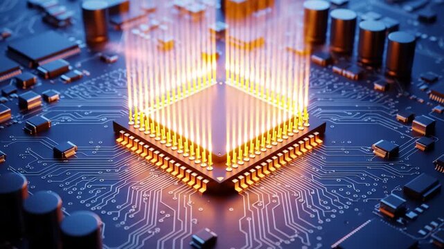 Technological Advancement: A close-up view of a central processing unit (CPU) illuminates, symbolizing the driving force behind modern technology and its innovative capabilities.