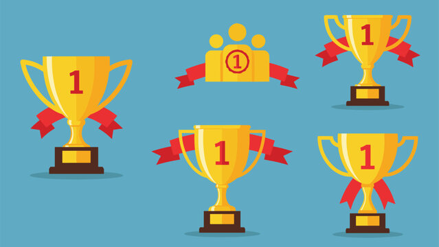 Collection of golden first place trophy cups with red ribbons and number one symbols on a blue background.