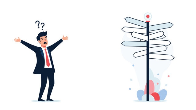 Confused businessman standing at a crossroads with multiple directional signs wondering which path to take in career.
