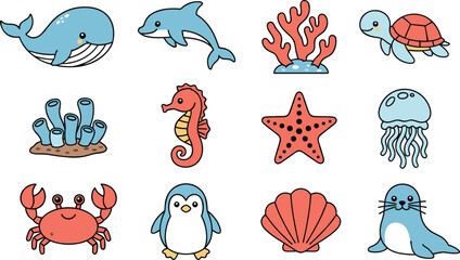 Set of cute sea animal characters vector featuring whale dolphin turtle seahorse penguin crab and coral reef in kawaii cartoon style for kids. © shamsuzzoha
