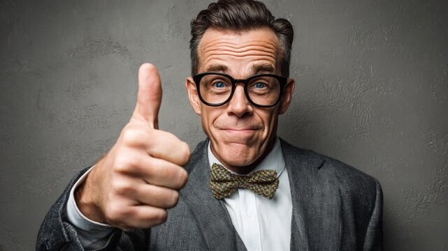 Confident man in glasses and bow tie giving a thumbs up, promoting positive vibes and encouragement in a professional setting for personal growth and achievement.