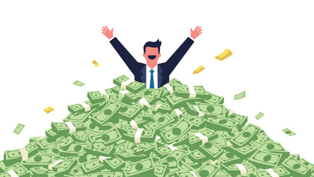 Successful businessman buried in a massive pile of cash money with his arms raised in celebration and joy.