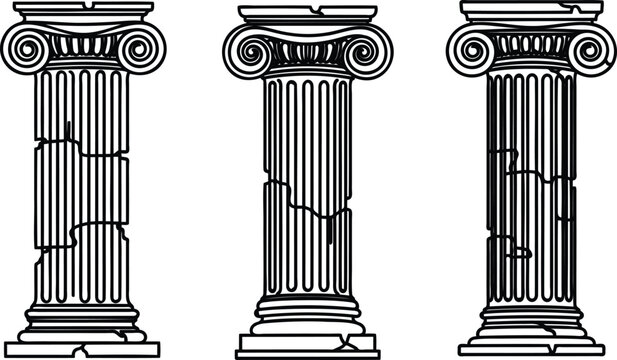 Three ancient greek roman style broken damaged stone pillars columns  ancient architecture elements