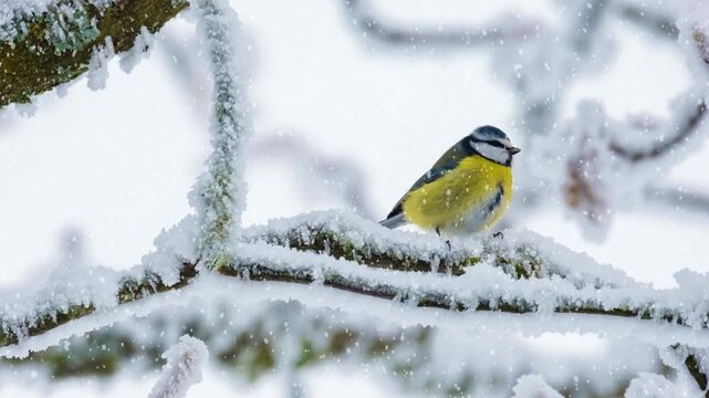 Eurasian blue tit juvenile perching on a tree branch covered with snow. freedom of nature. serene and peaceful atmosphere,