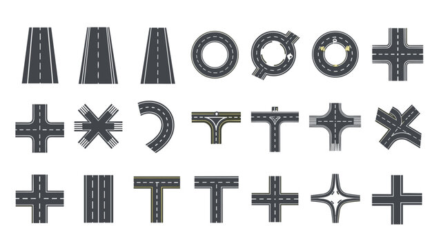 Collection of various overhead road intersections and roundabouts including t-junctions and crossroad asphalt highway paths.