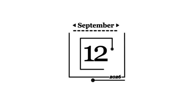 September 12th 2026 Calendar Date Icon twelfth Calendar icon - day 1 ,animation, black and white Simple technology calendar with date concept on white background calendar and date .