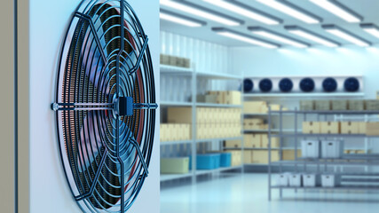Warehouse climate control, ventilation maintenance. Industrial cooling fan mounted on wall operates in storage facility with shelves and boxes, supporting air circulation and temperature regulation.
