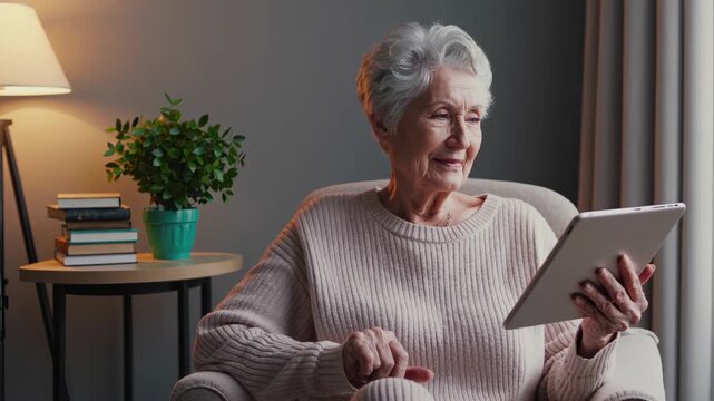 Senior woman using tablet at home. Smiling while reading and learning with technology. Image shows communication and wellness. Cozy lifestyle setting with lamp plant and books. Lamp adds cozy warmth.