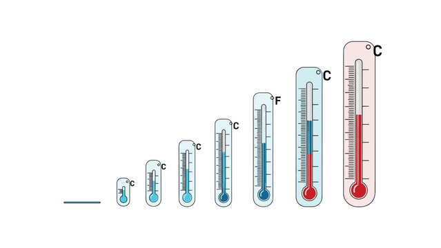 Set of thermometers showing increasing temperature levels with color gradients from blue to red used for medical or climate data.