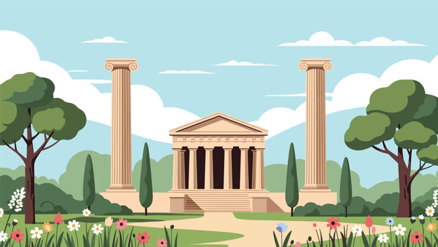 Ancient greek temple with classical pillars and columns surrounded by trees and wildflowers under a bright blue sky with fluffy white clouds.