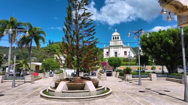 Drone footage of the square and Nuestra Se&ntilde;ora de la Monserrate, Moca, PR