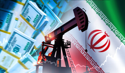 Conceptual image of Iran’s oil industry and financial dynamics. An oil pumpjack stands against...