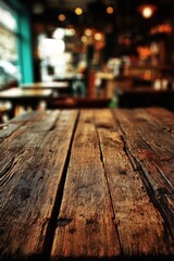 Obraz premium Rustic wooden table surface with blurred background, perfect for product mockups and food photography showcasing