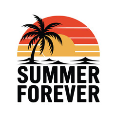 Fototapeta premium Summer Forever Retro Sunset Illustration with Palm Tree and Ocean Waves for T Shirt Design and Tropical Vacation Posters