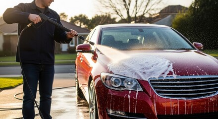 Fototapeta premium Man washing red car with soap on driveway
