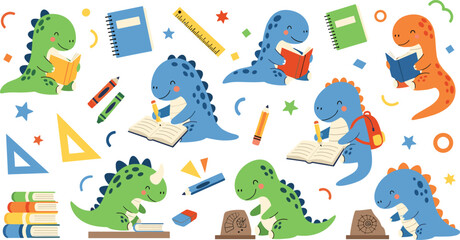 Cute cartoon dinosaurs studying reading books and writing with school supplies playful kids education vector illustration set © Sumon Creative
