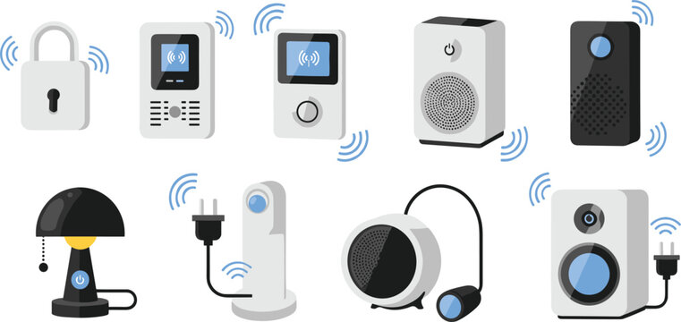 Smart Security and Home Automation Devices Set: Lock, Intercom, Speaker, and Sensor Systems in Flat Design