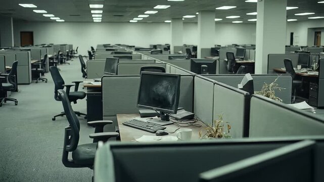 Expansive open-plan office shows neglect with unused computers after a sudden departure.