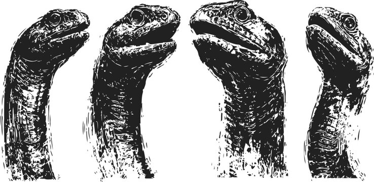 turtle heads close up detailed illustration in black and white with textured skin and neck features