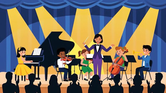 Childrens orchestra performance on stage cartoon style illustration with conductor playing instruments for audience appreciation