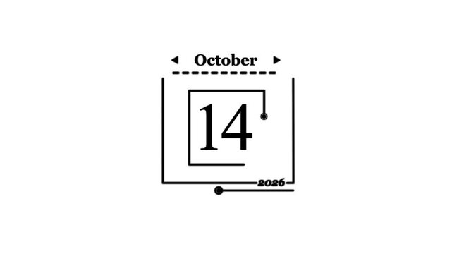 October 14th calendar date graphic with year 2026 fourteenth Nice animation of colorful monthly calendar.  2026 new year calendar date with pin. 
