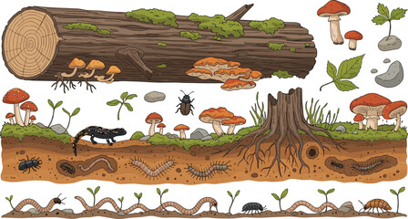 Forest soil ecosystem with log mushrooms insects worms roots and decomposition layers hand drawn vector illustration set © Sumon Creative