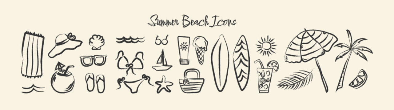 Summer Hand Drawn Icon set. Summer Vintage Elements in Doodle Pencil Style. Beach Icons in Charcoal Pencil or Chalk. Drawing ink. Travel Drawing Hand Drawn. Sketch Italian concept for graphic design. 