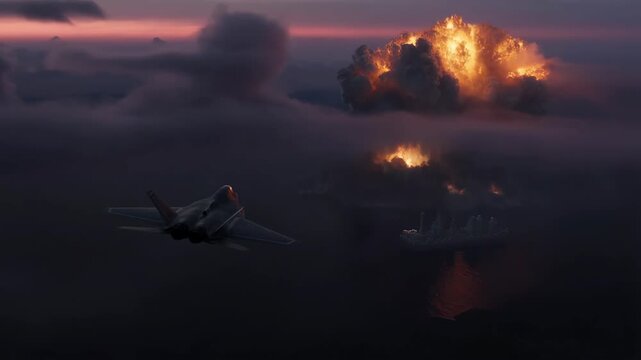 Jet stealth flying above ocean at sunset with distant ship, cinematic view, dramatic lighting, atmospheric clouds, aerial