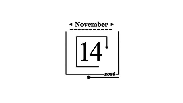 November 14th 2026 Calendar Date Icon fourteenth Nice animation of colorful monthly calendar.  2026 new year calendar date with pin. 