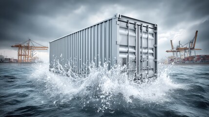 Fototapeta premium Cargo Container Floating on Water with Port Cranes in Background Depicting Trade, Shipping, and Global Commerce