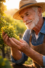 Naklejka premium Elderly man inspecting fresh grapes in vineyard at sunset