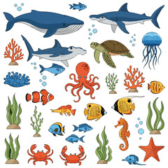 Fototapeta premium Cute Cartoon Ocean Marine Life Vector Illustration Set
