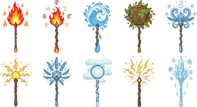 Fantasy elemental magic staffs with fire water earth air lightning and ice powers cartoon vector illustration set