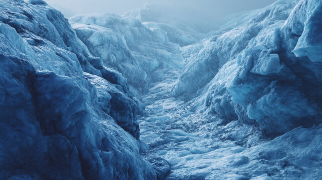 Glacier crevasse with blue ice walls and rugged terrain landscape