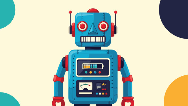 Cute blue retro robot character with colorful battery status bar and analog meter on a plain yellow background.