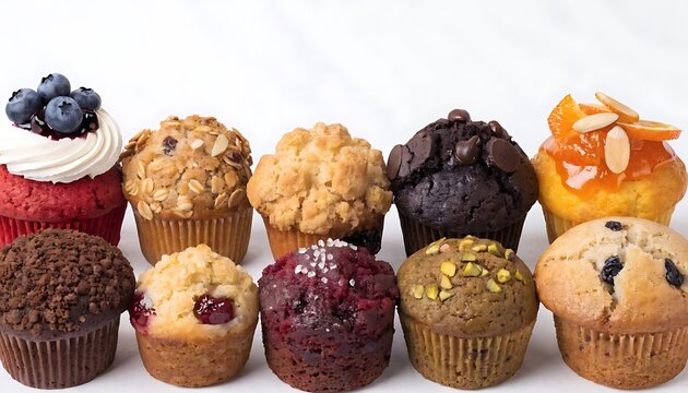 Assorted muffins on white background cupcakes baked goods. AI GENERATED.