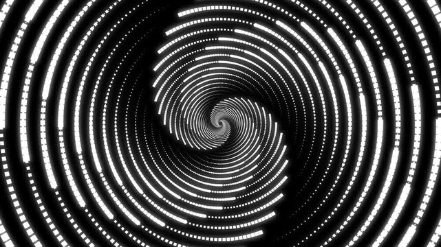 Abstract neon white glowing spiral background. Digital dashed line illusion