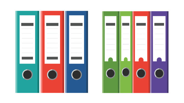 Group of colorful ring binder folders for office documents organization and archiving on a plain white background.